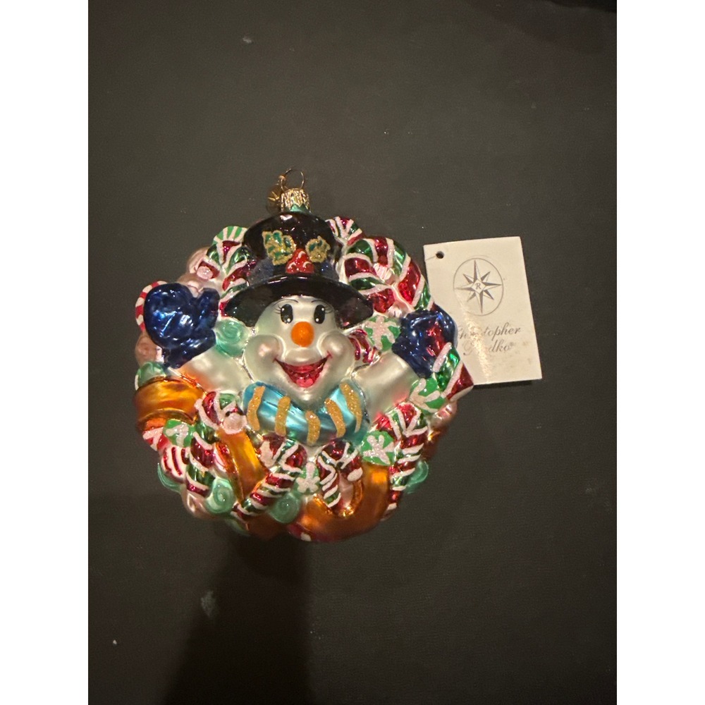 Vintage 2001 Christopher Radko "Chillin' Treats" Snowman Wreath Glass Ornament